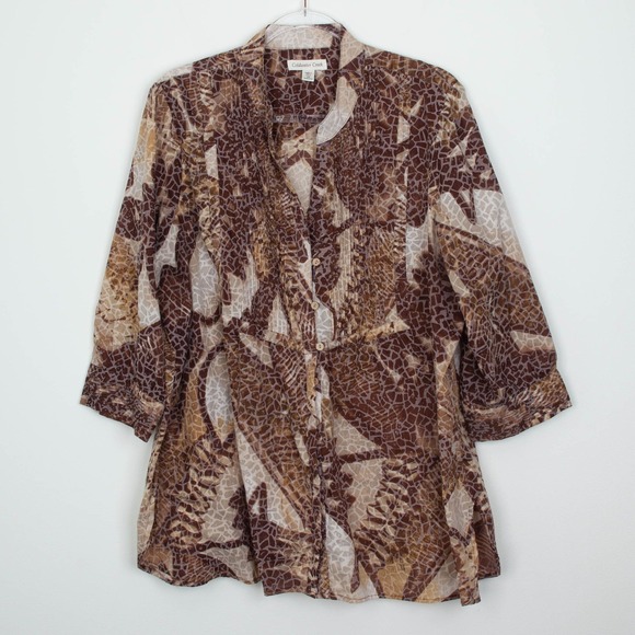 Coldwater Creek Tops - Coldwater Creek Womens 2X Animal Print Pleated Button Front Tunic Top Artsy Work